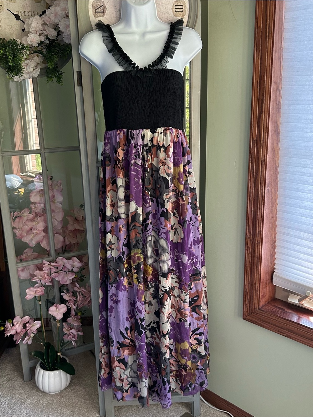 MM COUTURE by MISS ME Purple Floral 100% Silk Ruched Bodice Maxi Dress Size M
